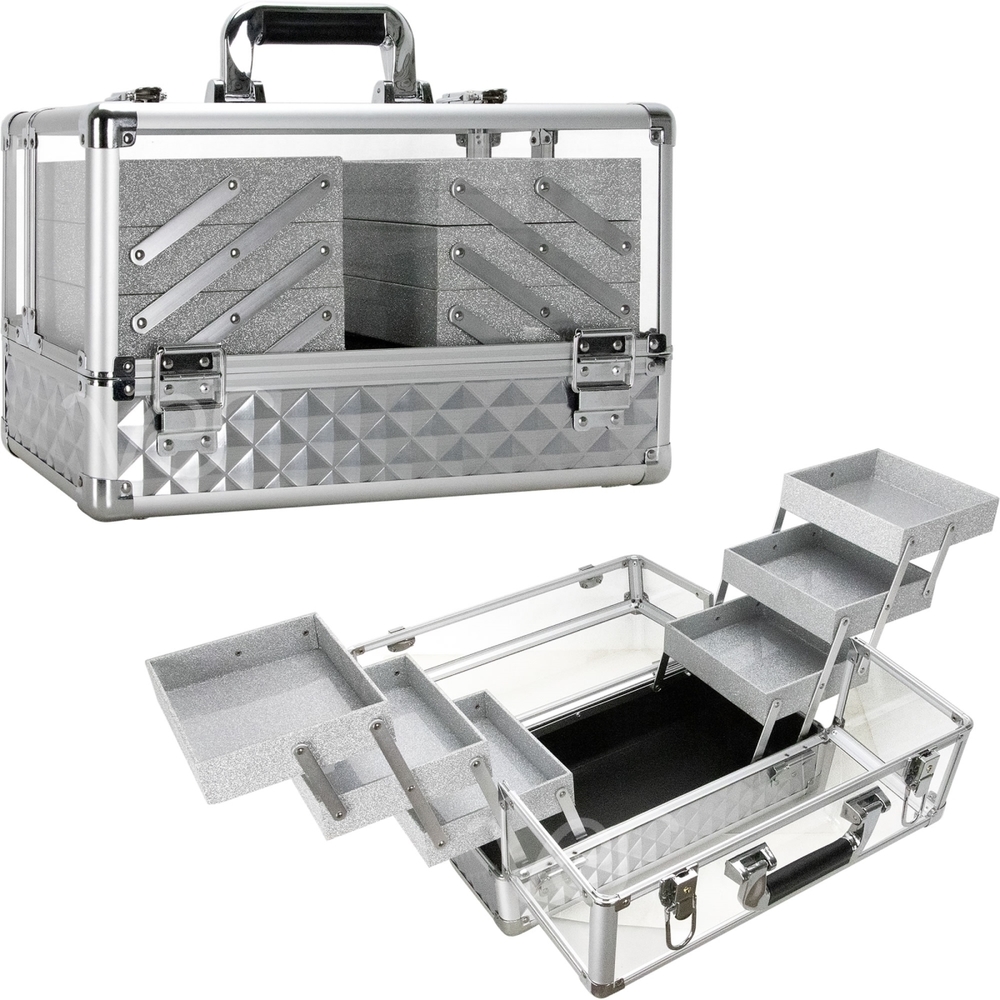 Cosmetics Makeup Case Accordion Trays Silver Diamond Acrylic 6-Tier Professional